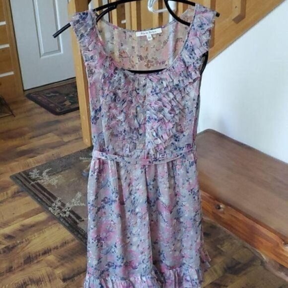 Black Rainn Multi-colored Sleeveless Ruffled Whimsy Buttoned Belted Sz 4 Dress - Picture 2 of 8